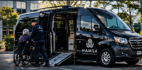 Actual HAMSA wheelchair-accessible van with driver assisting a passenger
